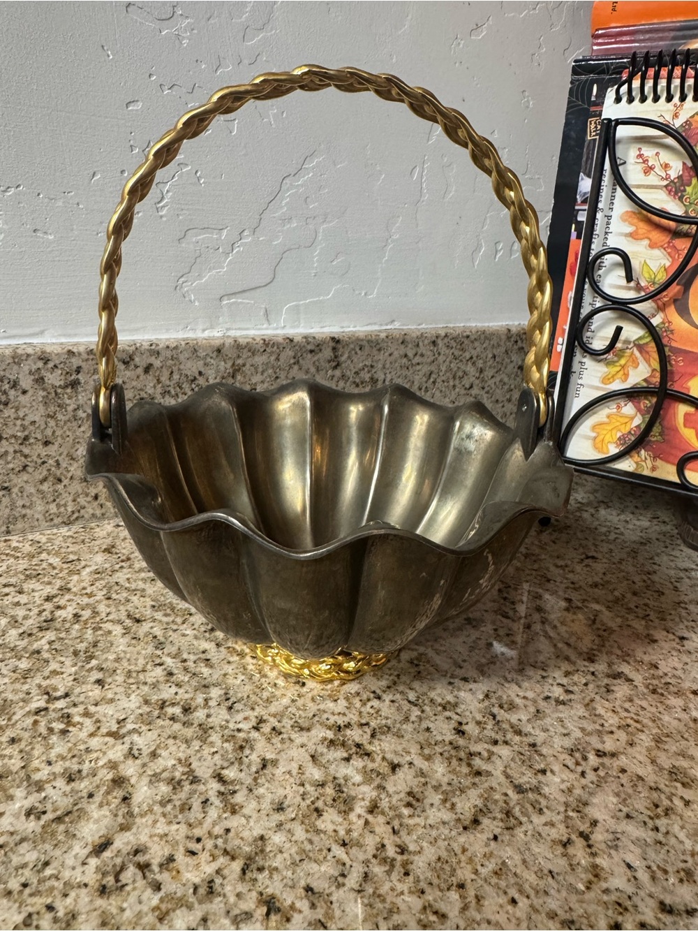 Brass-Tone Scalloped Decorative Bowl Basket with Handle